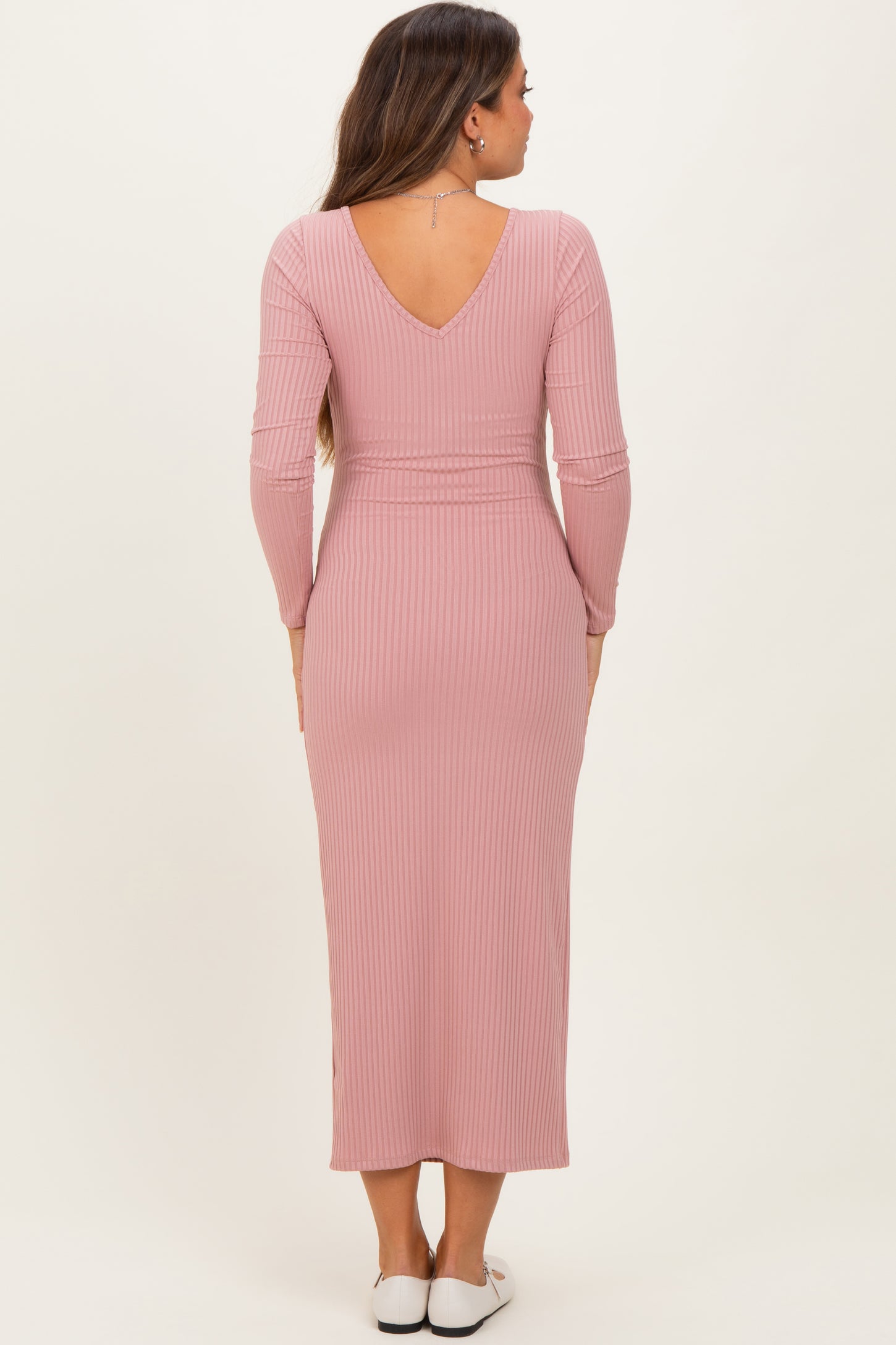 Mauve V-Neck Long Sleeve Fitted Maternity Maxi Dress