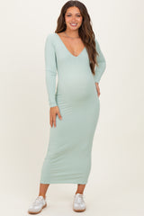 Sage V-Neck Long Sleeve Fitted Maternity Maxi Dress