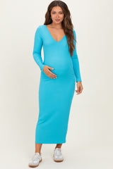 Sky Blue V-Neck Long Sleeve Fitted Maternity Maxi Dress