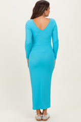 Sky Blue V-Neck Long Sleeve Fitted Maternity Maxi Dress