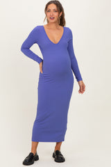 Iris Blue V-Neck Long Sleeve Fitted Maternity Maxi Dress