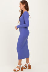 Iris Blue V-Neck Long Sleeve Fitted Maxi Dress