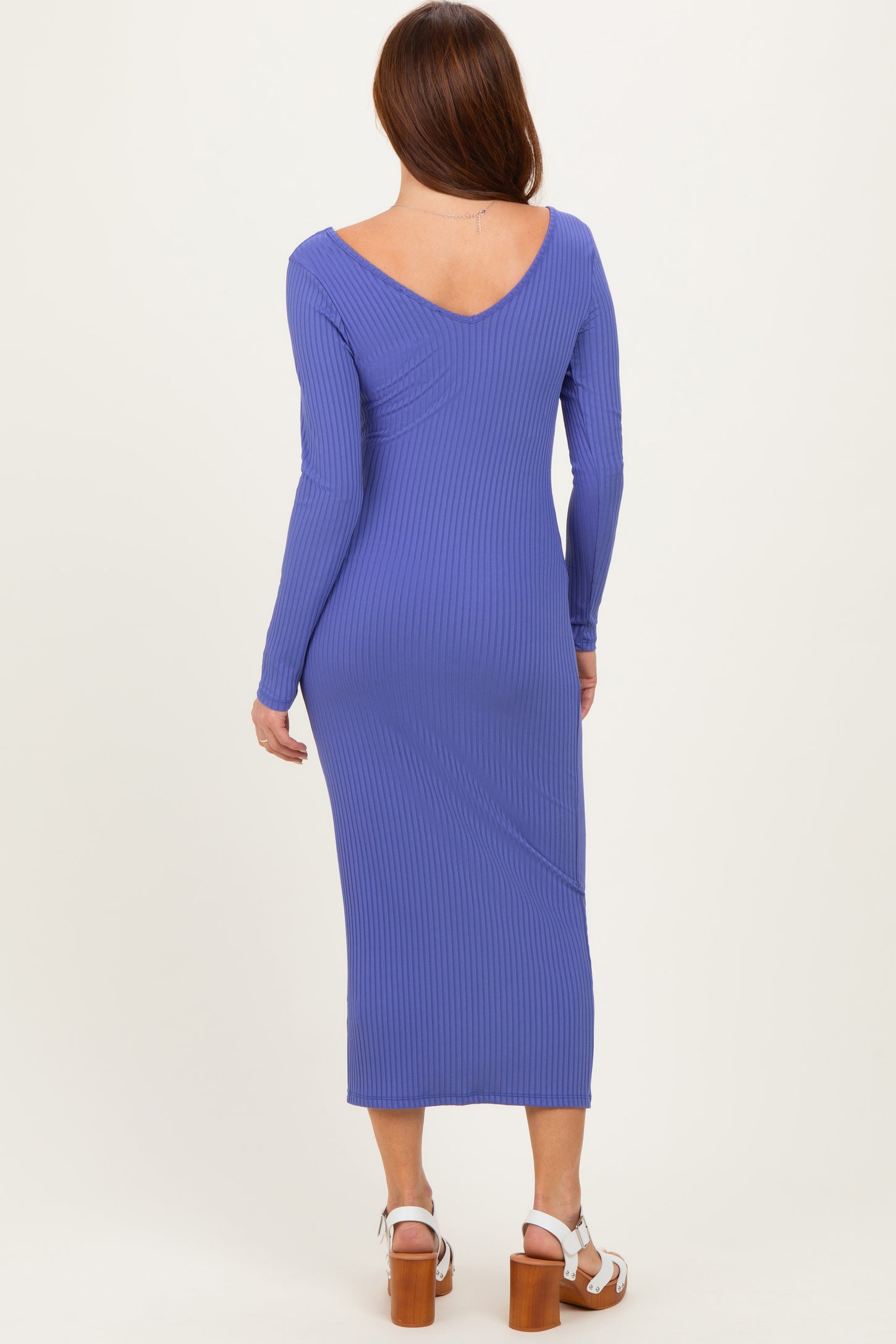 Iris Blue V-Neck Long Sleeve Fitted Maxi Dress