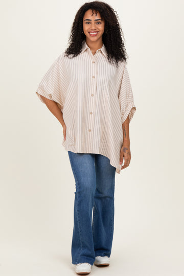 Cream/Black Striped Short Sleeve Collared Button Down Blouse