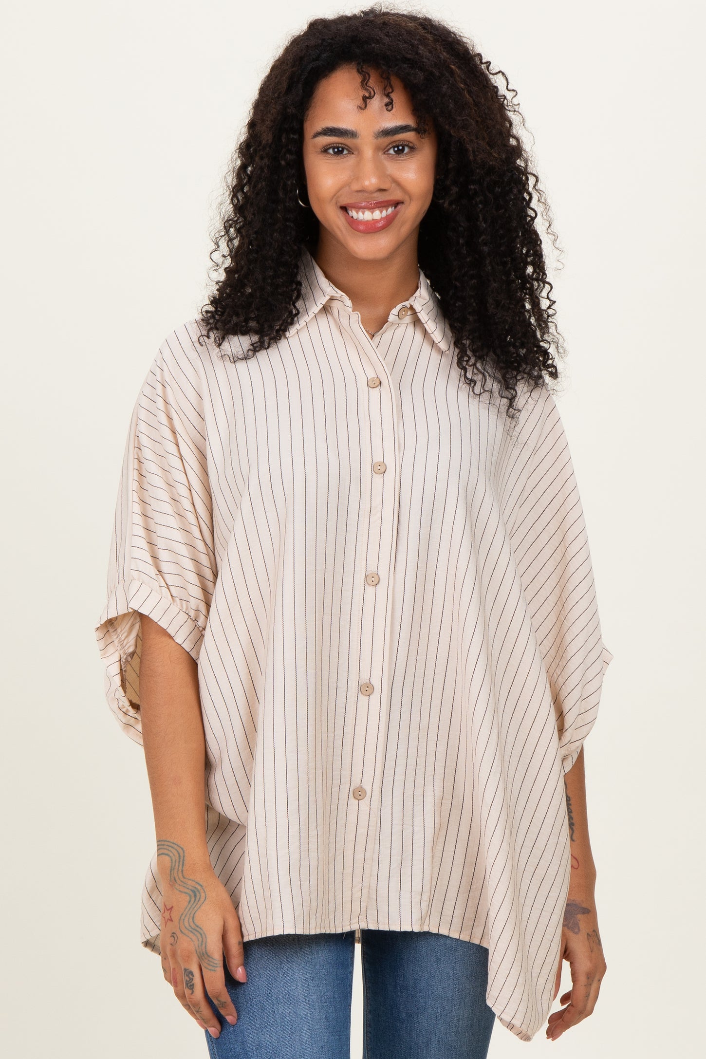 Cream/Black Striped Short Sleeve Collared Button Down Maternity Blouse