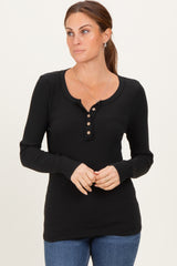 Black Ribbed Long Sleeve Button Town Top