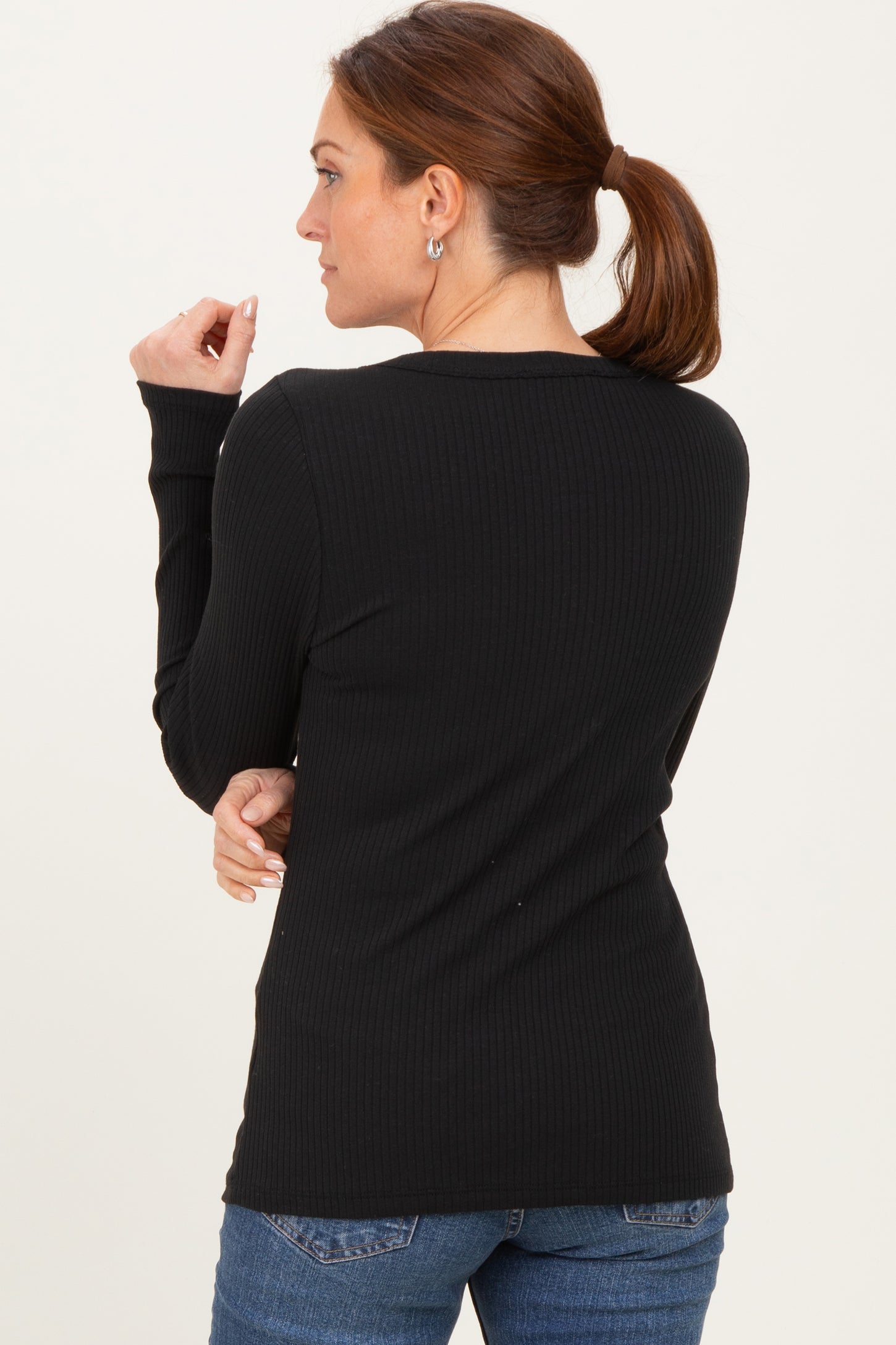 Black Ribbed Long Sleeve Button Town Top