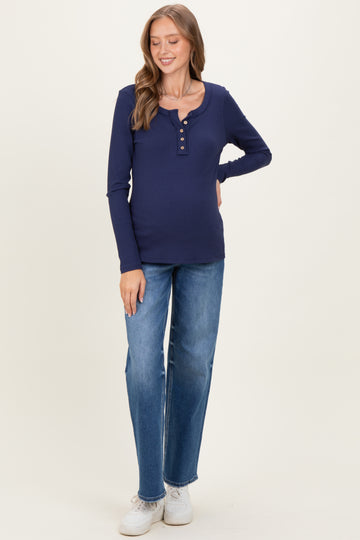 Navy Ribbed Long Sleeve Button Town Maternity Top