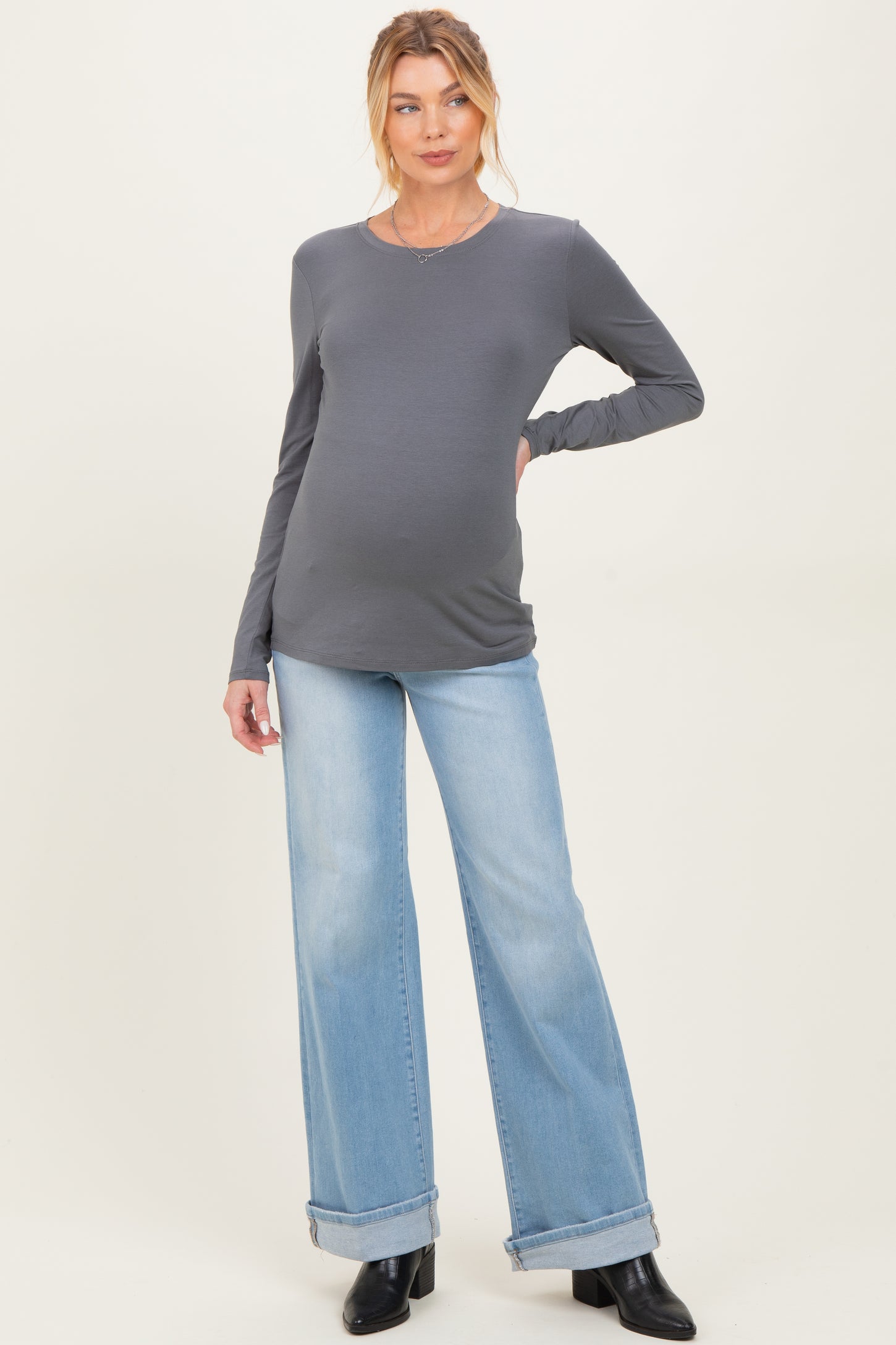 Slate Grey Basic Long Sleeve Maternity Top