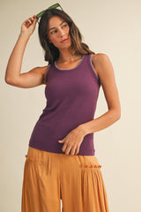 Purple Brushed Knit Stitch Detail Tank Top