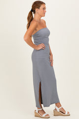 Navy Strapless Side Slit Midi Dress