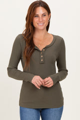 Olive Ribbed Long Sleeve Button Town Top