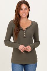 Olive Ribbed Long Sleeve Button Town Maternity Top