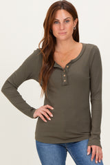 Olive Ribbed Long Sleeve Button Town Top