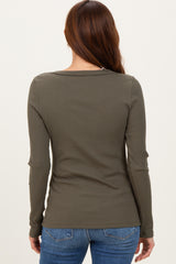 Olive Ribbed Long Sleeve Button Town Top