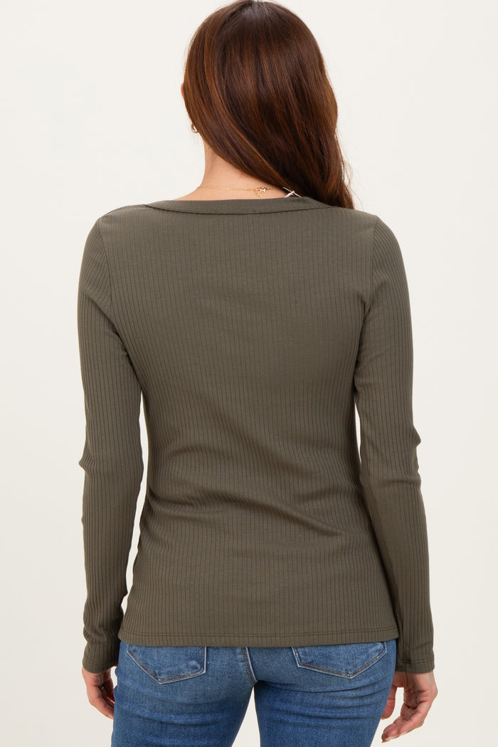 Olive Ribbed Long Sleeve Button Town Top