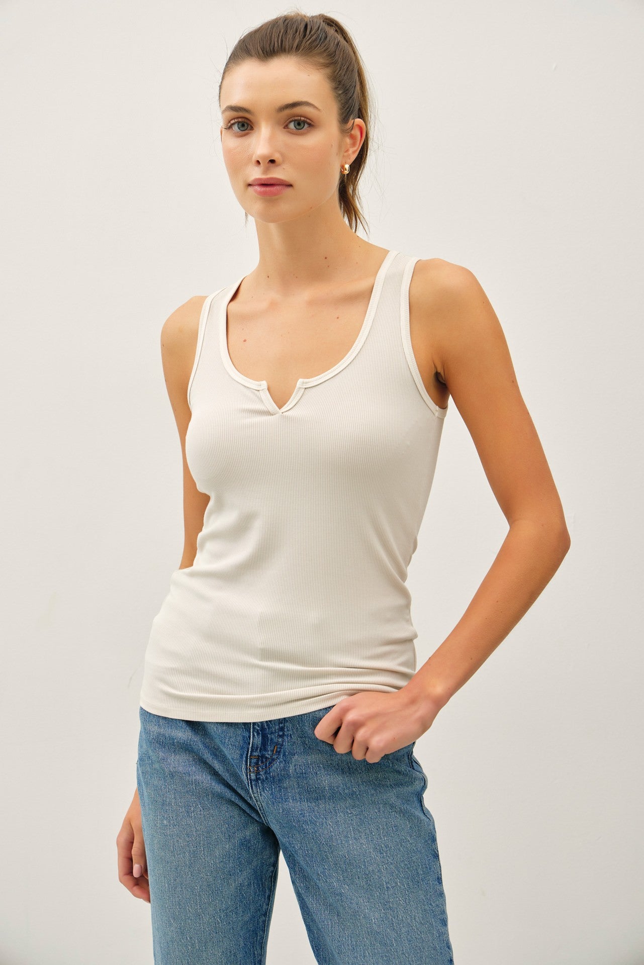 Cream Ribbed Split Neck Maternity Tank Top