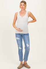 Cream Ribbed Split Neck Maternity Tank Top