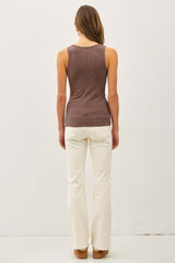 Brown Ribbed Split Neck Tank Top