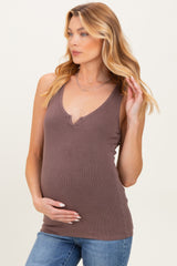 Brown Ribbed Split Neck Maternity Tank Top