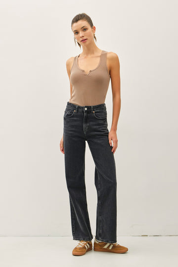 Mocha Ribbed Split Neck Tank Top