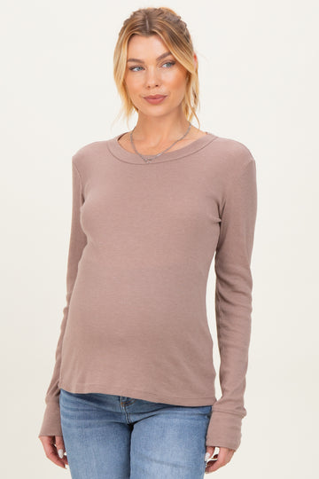 Mocha Ribbed Basic Maternity Long Sleeve Top