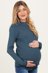 Teal Pinstriped Mock Neck Maternity Knit Top
