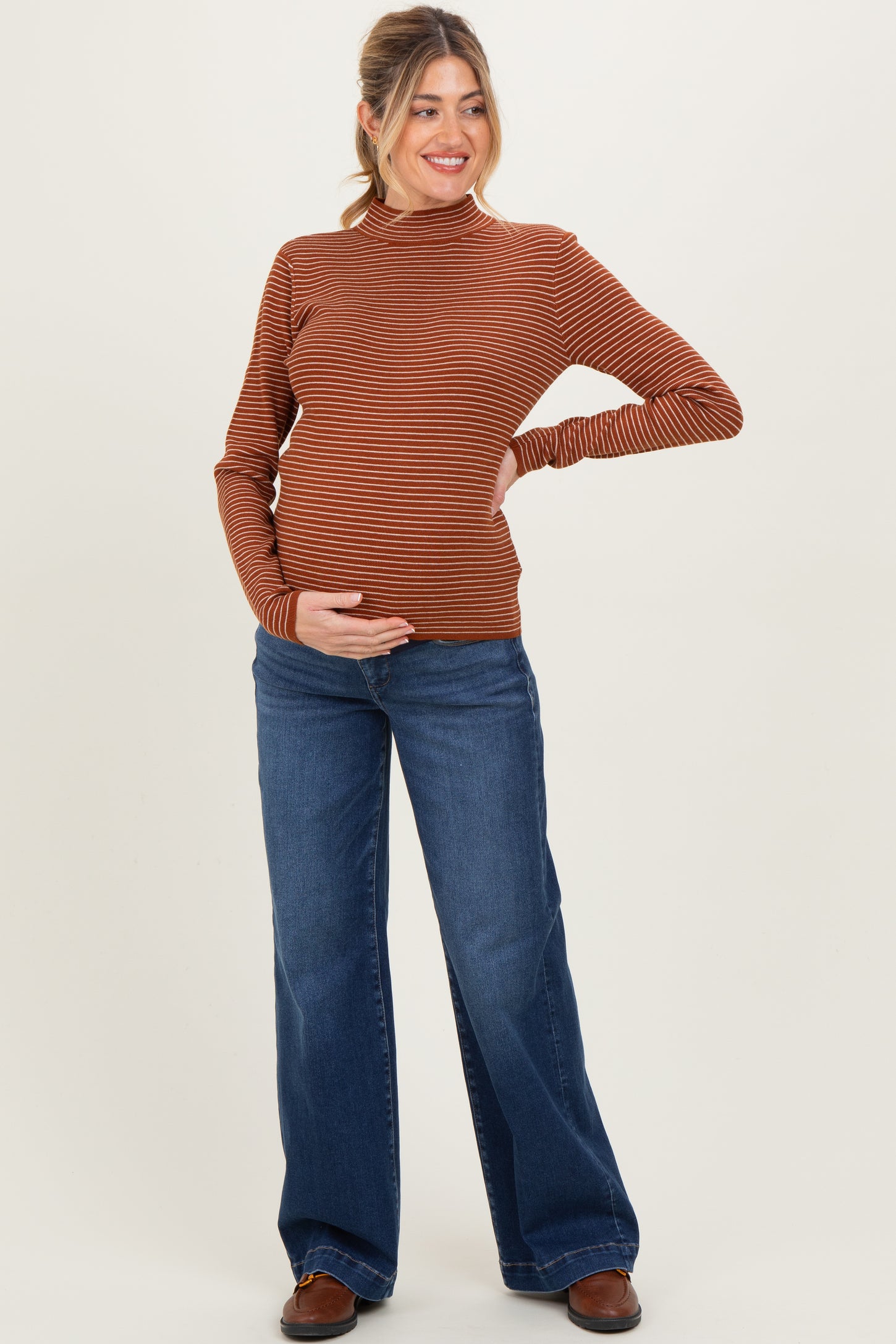 Rust Pinstriped Mock Neck Maternity Knit Top