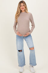 Light Taupe Pinstriped Mock Neck Maternity Knit Top