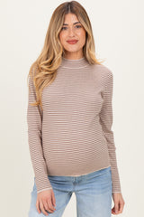 Light Taupe Pinstriped Mock Neck Maternity Knit Top