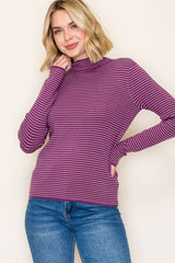 Plum Pinstriped Mock Neck Knit Top
