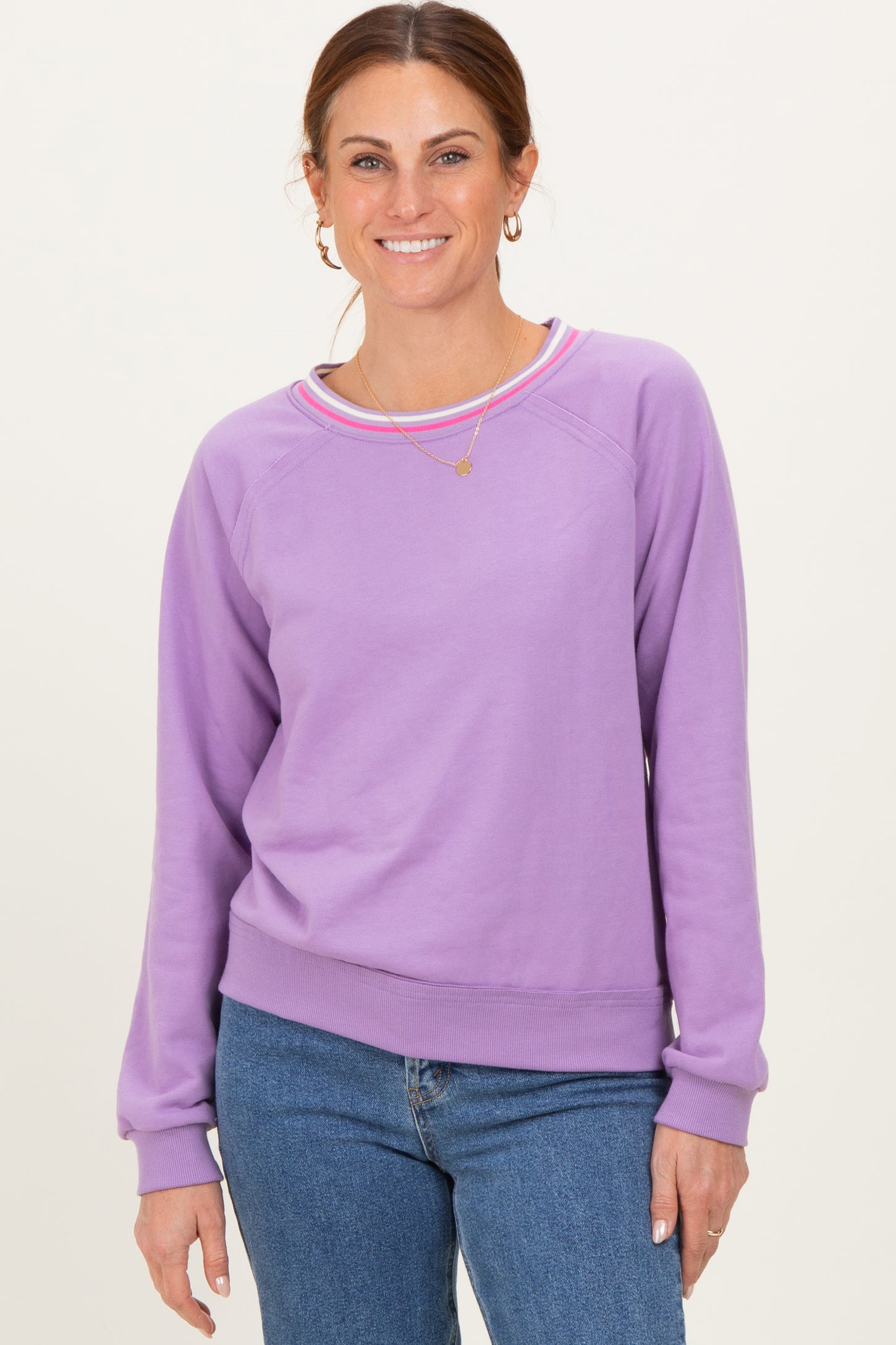 Violet Striped Neckline Terry Sweatshirt