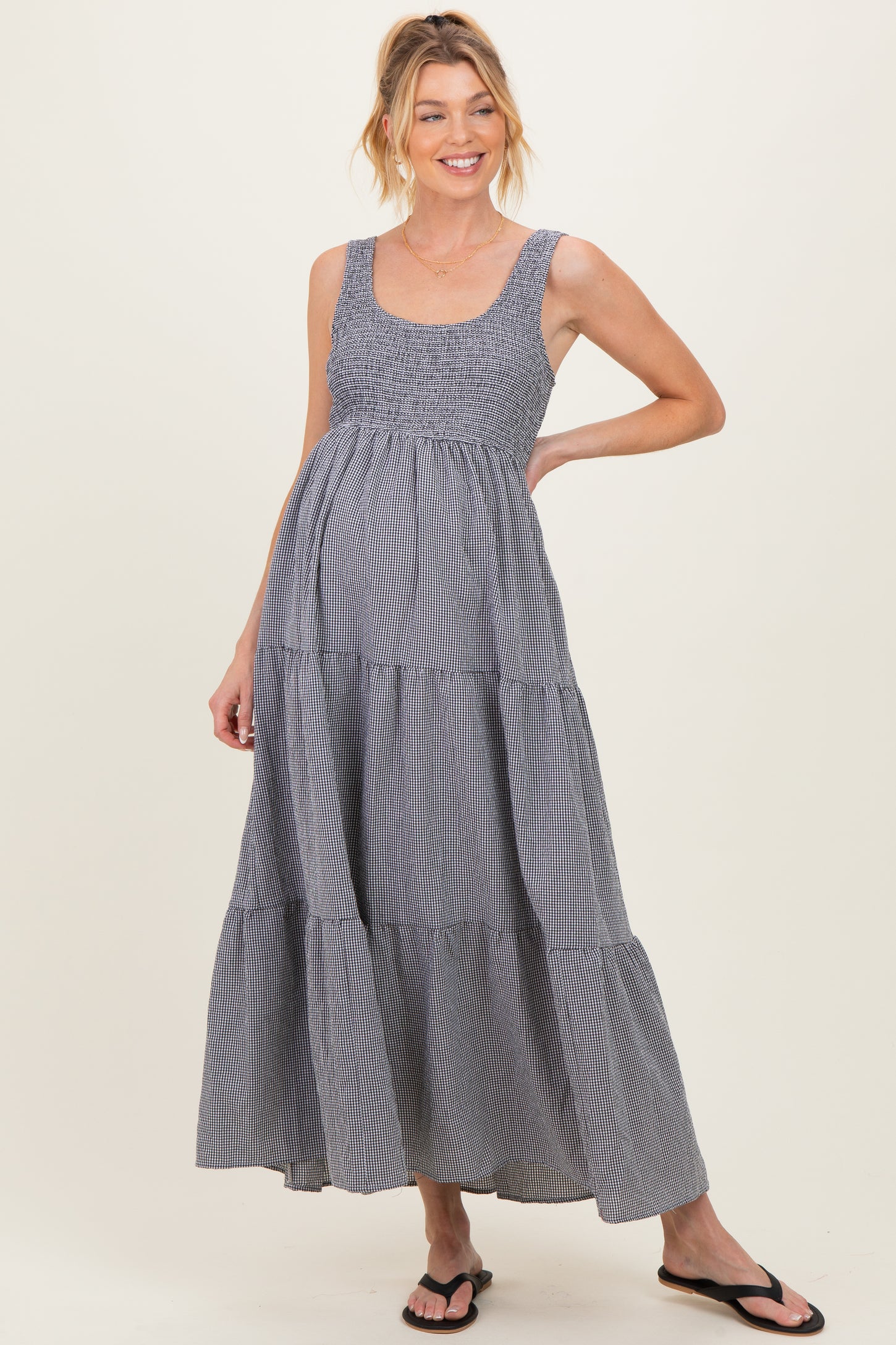 Black Gingham Smocked Bodice Maternity Maxi Dress