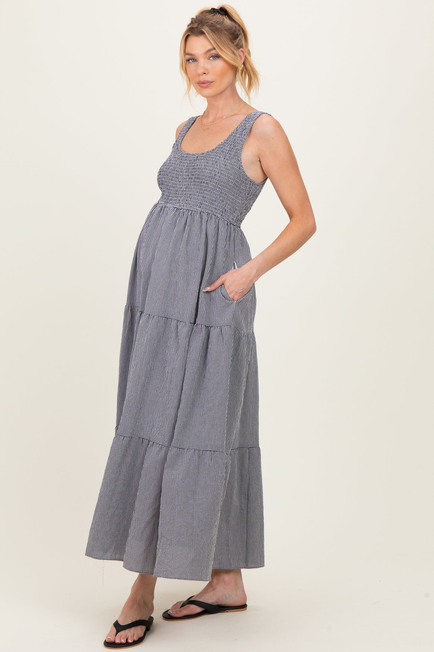 Black Gingham Smocked Bodice Maternity Maxi Dress
