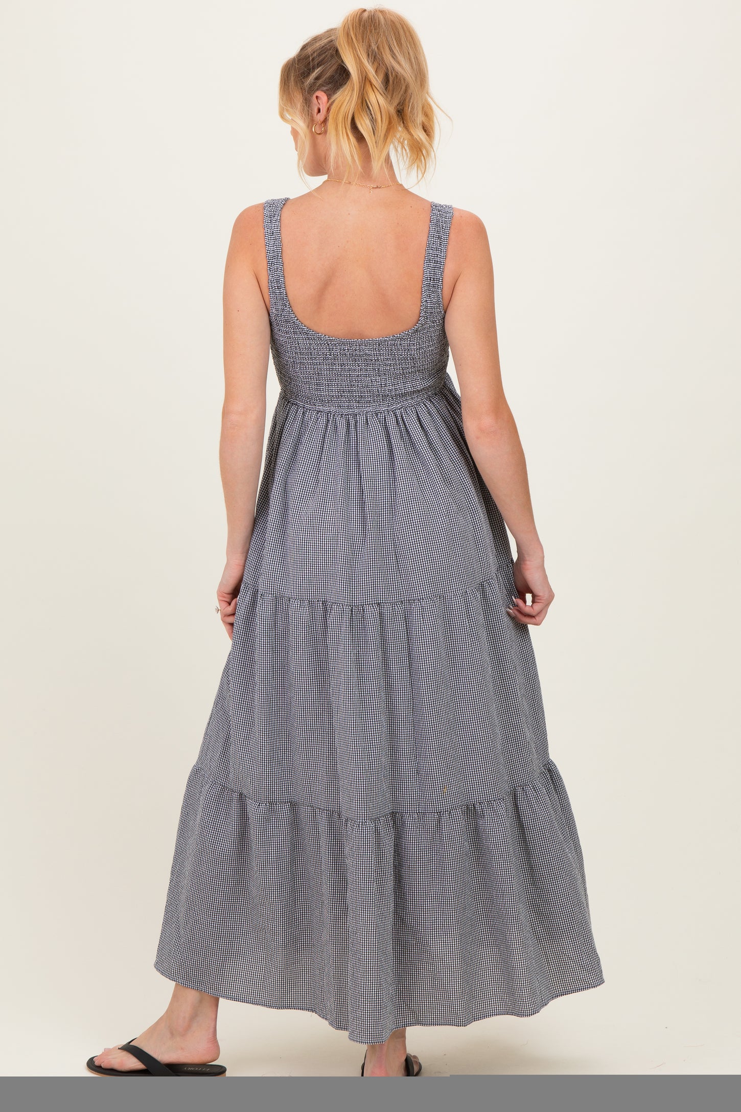 Black Gingham Smocked Bodice Maternity Maxi Dress