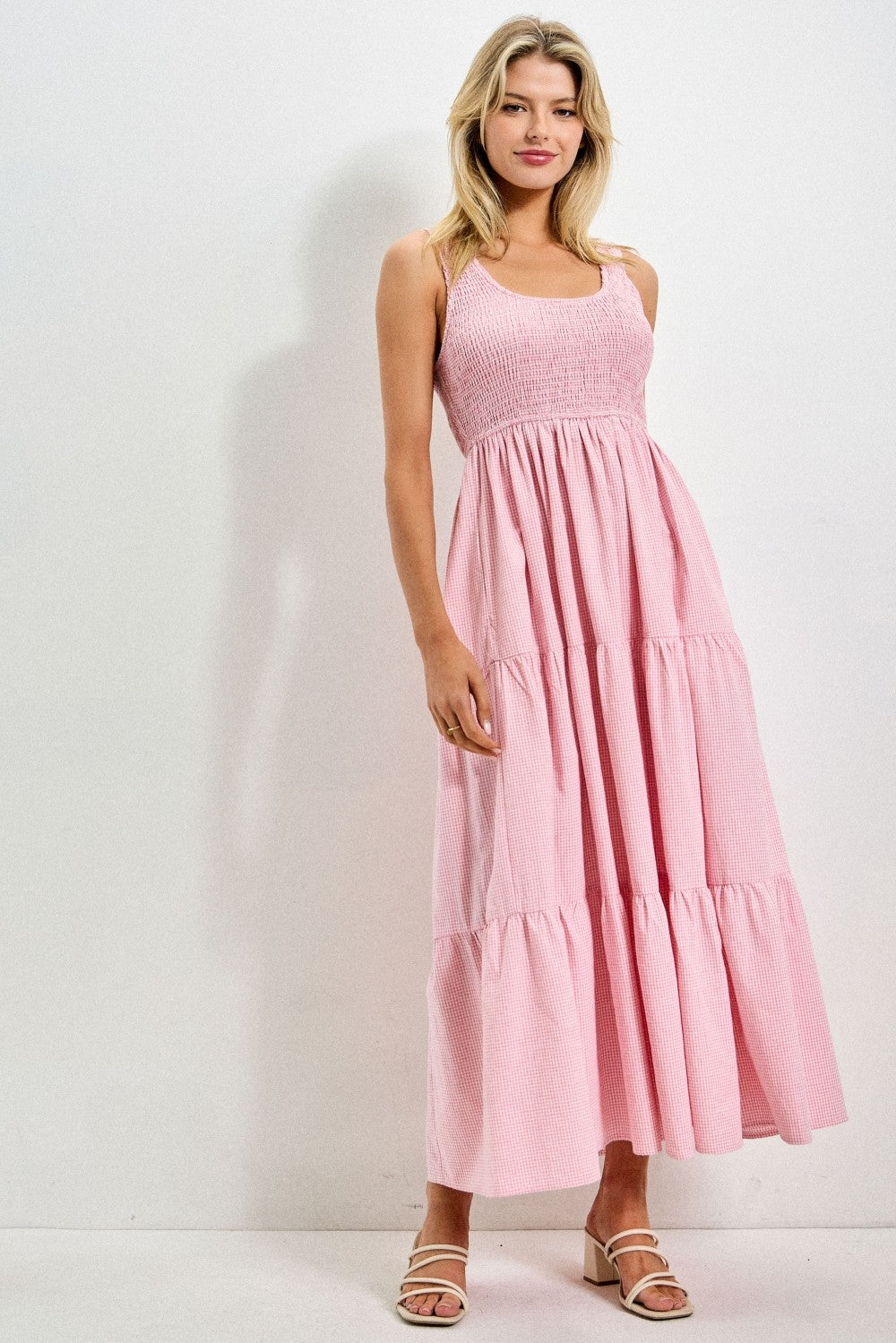 Pink Gingham Smocked Bodice Maxi Dress