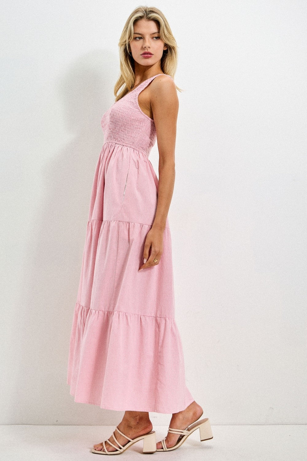 Pink Gingham Smocked Bodice Maxi Dress
