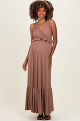 Mocha Ribbed Sleeveless V-Neck Ruffle Tiered Maternity Maxi Dress