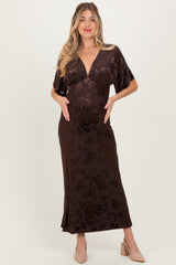 Brown Floral Velvet V-Neck Short Sleeve Maternity Maxi Dress
