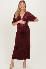 Burgundy Floral Velvet V-Neck Short Sleeve Maternity Maxi Dress