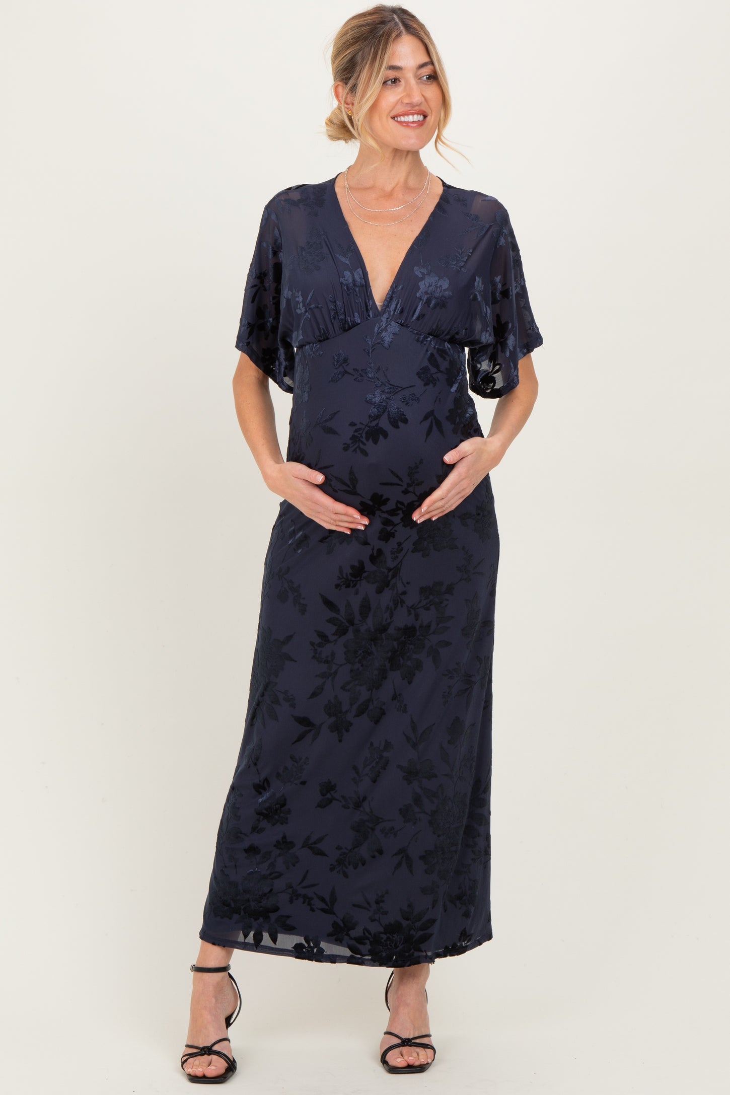 Navy Floral Velvet V-Neck Short Sleeve Maternity Maxi Dress