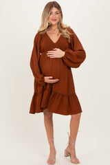Brown Long Sleeve V-Neck Tiered Maternity Midi Dress