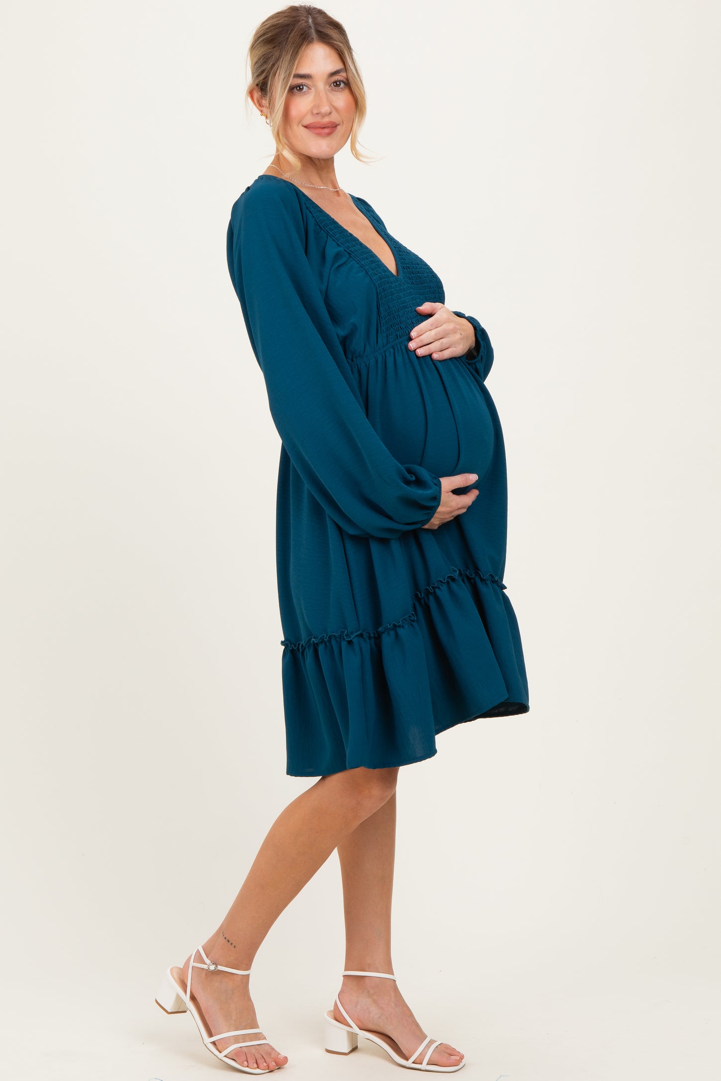 Dark Teal Long Sleeve V-Neck Tiered Maternity Midi Dress