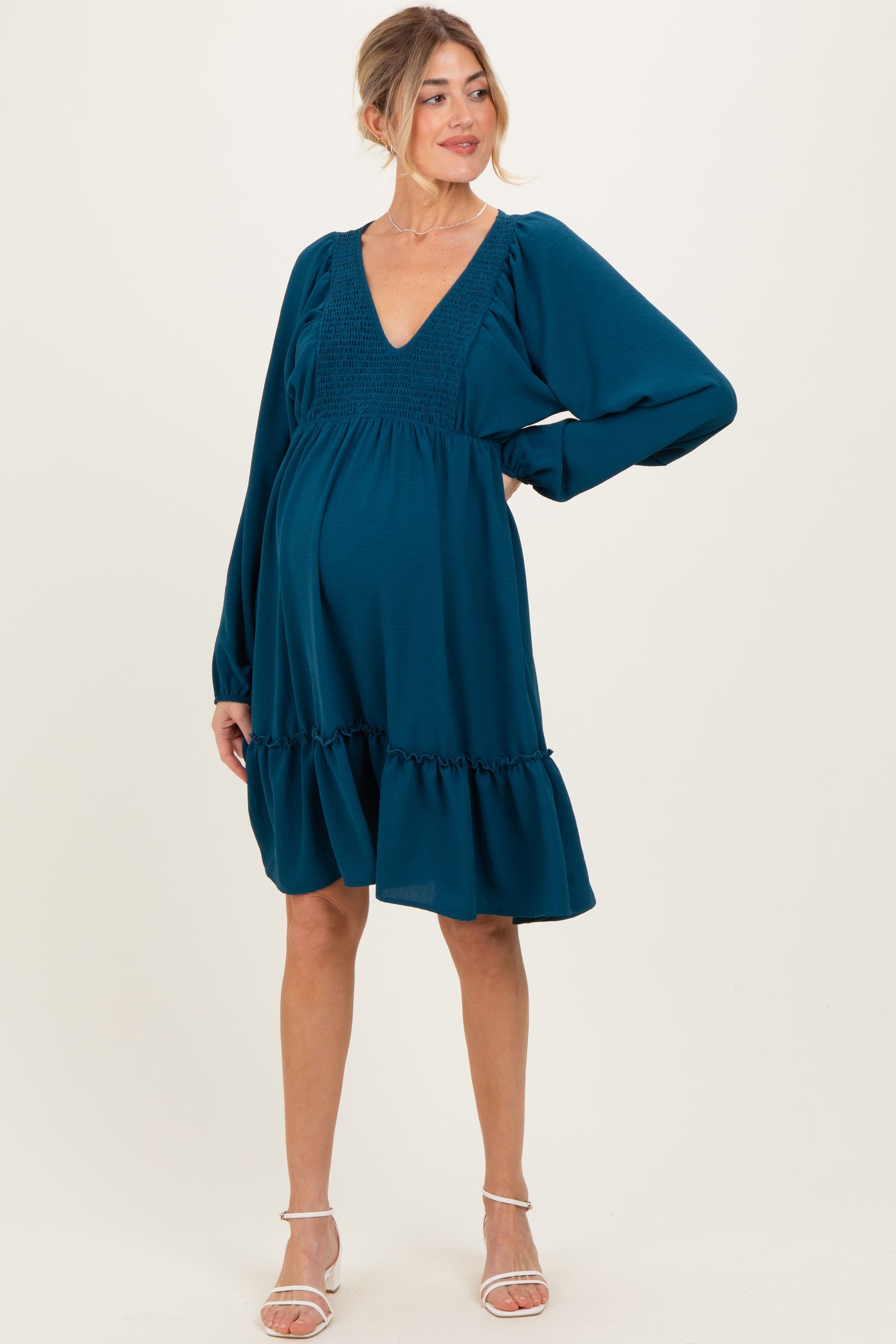 Dark Teal Long Sleeve V-Neck Tiered Maternity Midi Dress