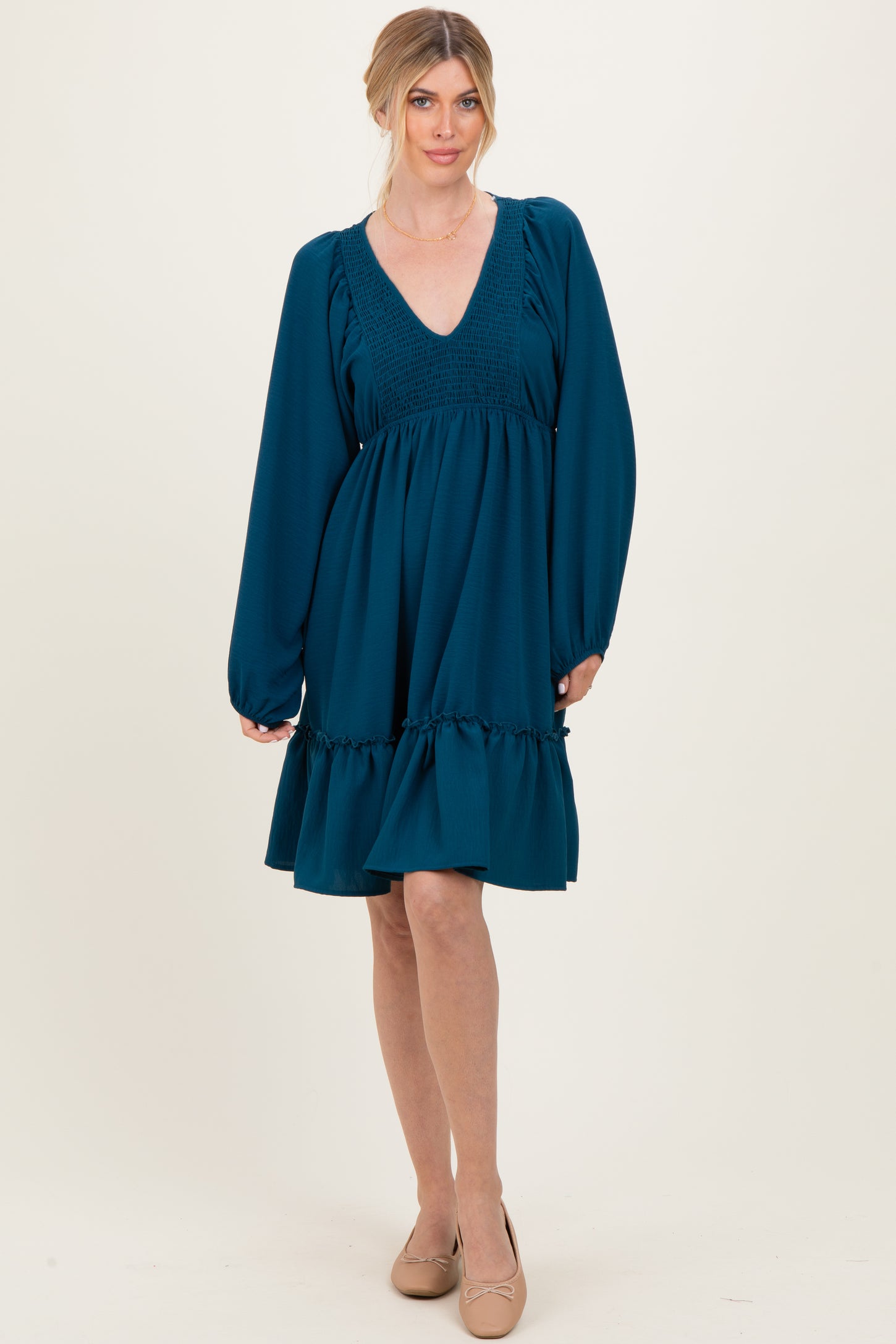 Dark Teal Long Sleeve V-Neck Tiered Maternity Midi Dress
