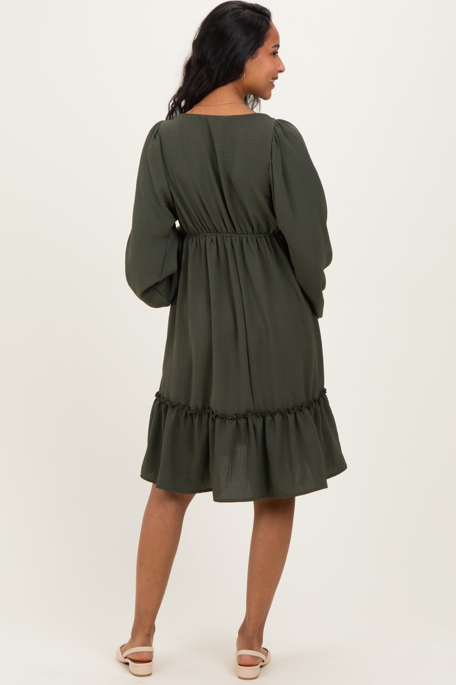 Olive Long Sleeve V-Neck Tiered Maternity Midi Dress