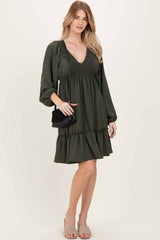Olive Long Sleeve V-Neck Tiered Midi Dress