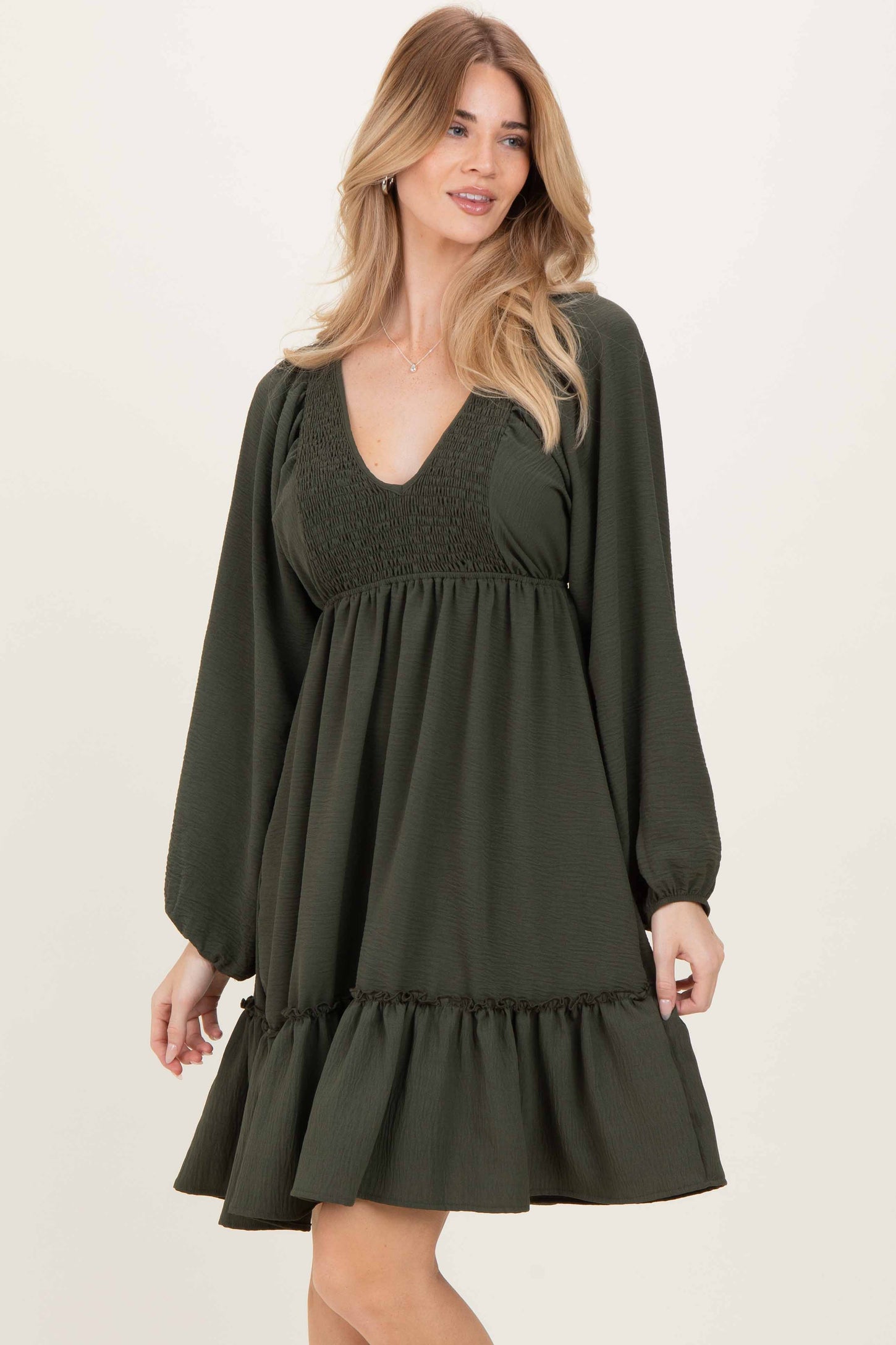 Olive Long Sleeve V-Neck Tiered Midi Dress