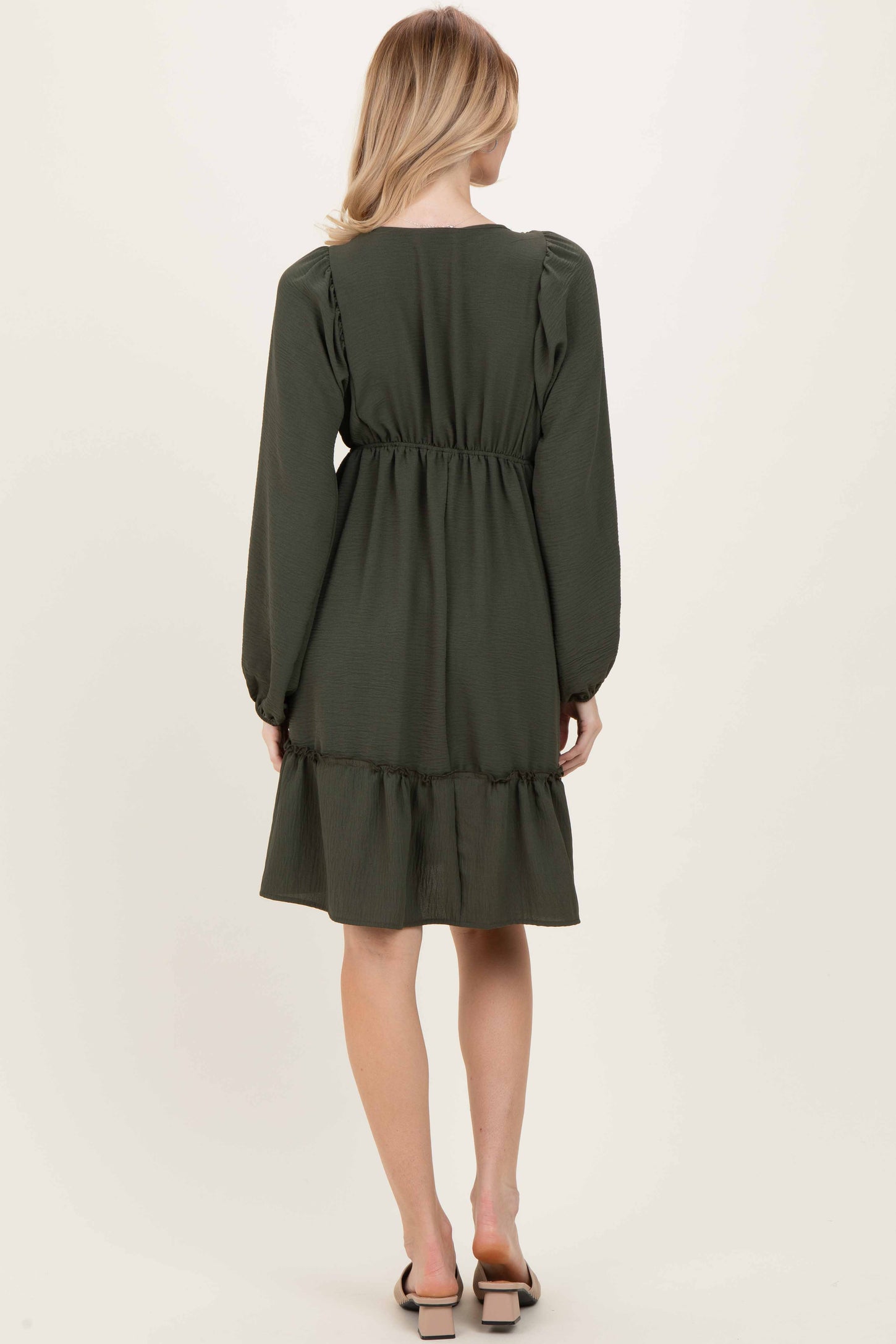 Olive Long Sleeve V-Neck Tiered Midi Dress