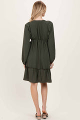 Olive Long Sleeve V-Neck Tiered Midi Dress
